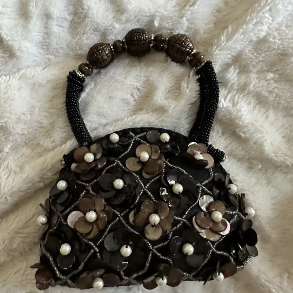 Vintage Unique Black Sequin Hand Purse with Pearl Flowers